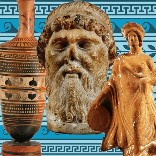 Greek objects including a vase, statue of a lady and a statue of a greek man's head.