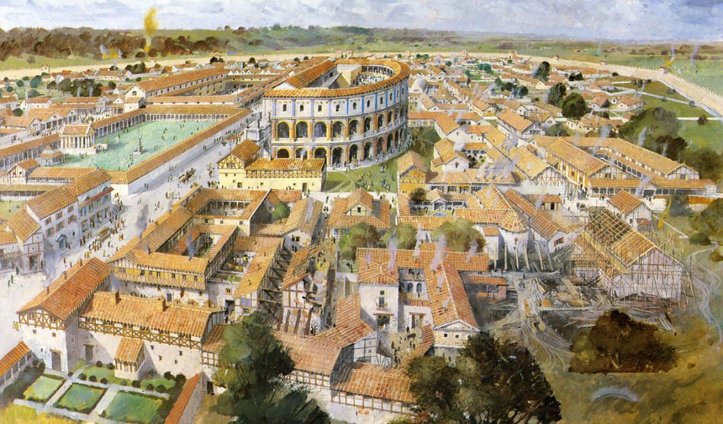 A reconstruction image of Roman Canterbury from above.