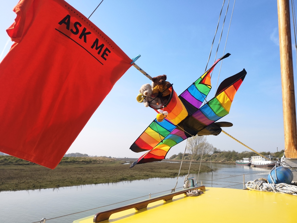 A Beaney t-shirt, colourful kite and cuddly bears used to make a flag on a boat