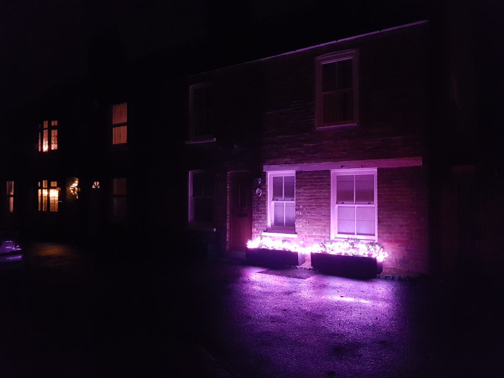 Pink fairy lights lighting up 2 sash windows at night