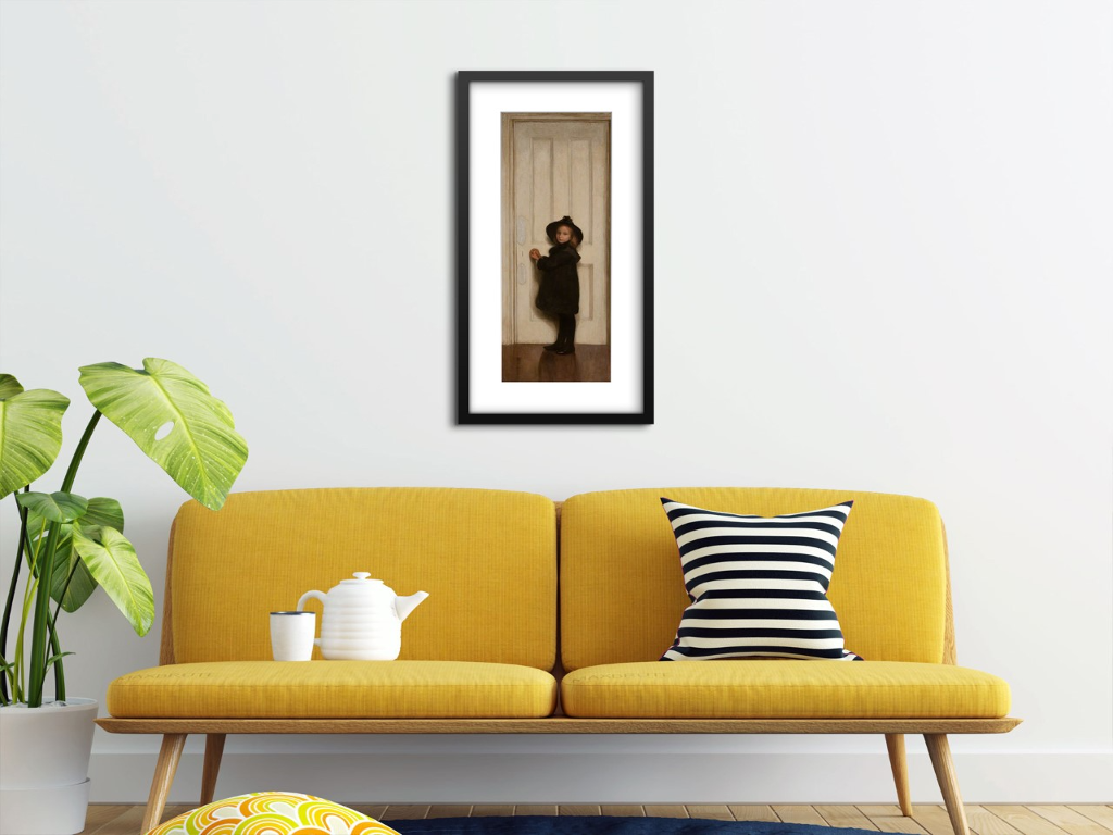Little Girl at the Door print hanging on a living room wall above a yellow sofa