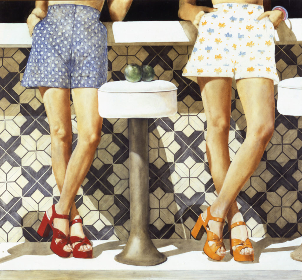 Painting of two women's legs standing at a diner counter