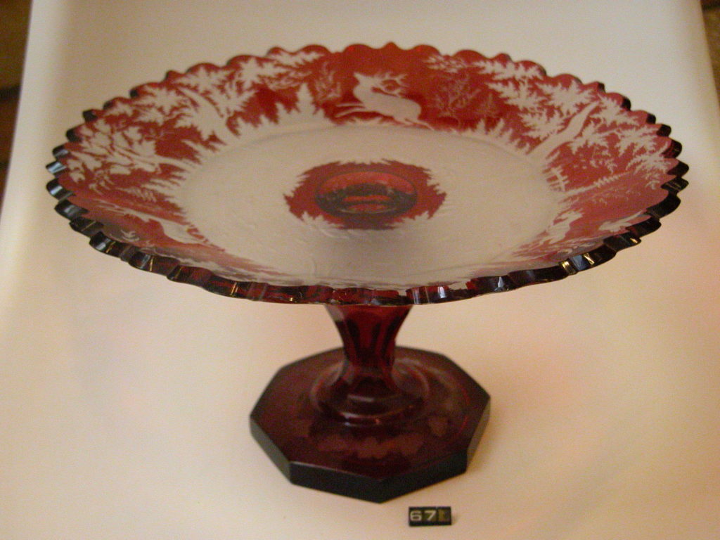 Ruby glass dishes with etched decoration
