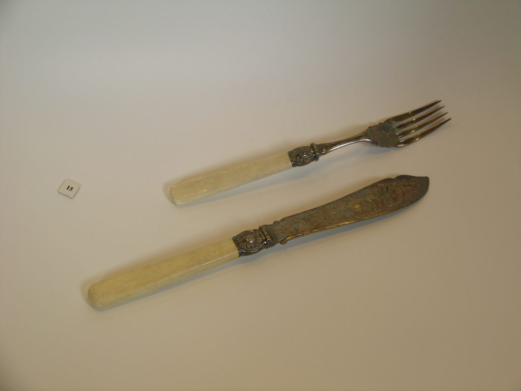Fish knife and fork with engraved  silver blades