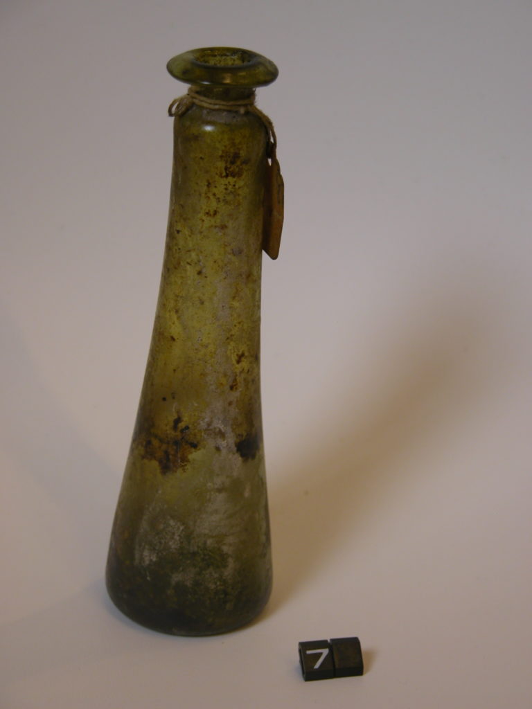 Olive green conical glass bottle