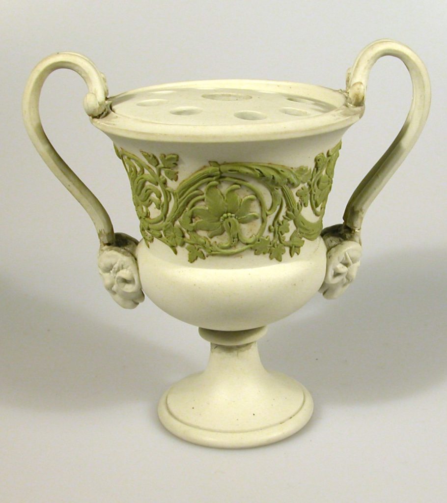 White Jasperware vase with green scroll pattern in relief 1750