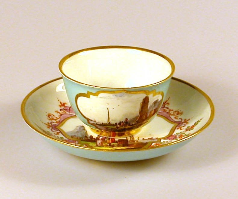 Cup and saucer with celadon green ground