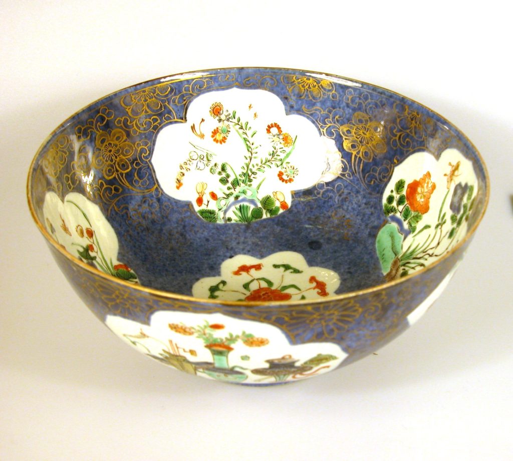 Powdered blue bowl with  chrysanthemum panels