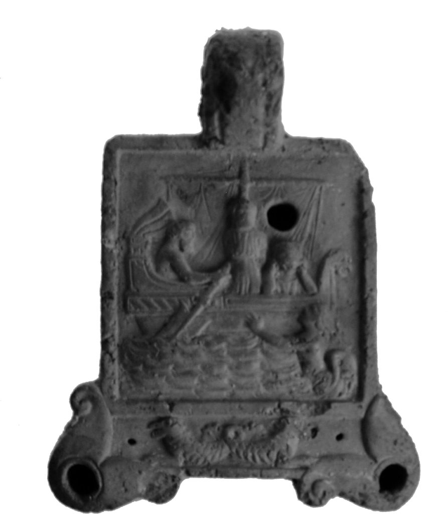 Oil lamp with image from the Odyssey Late 2nd century AD Roman, by a central Italian maker