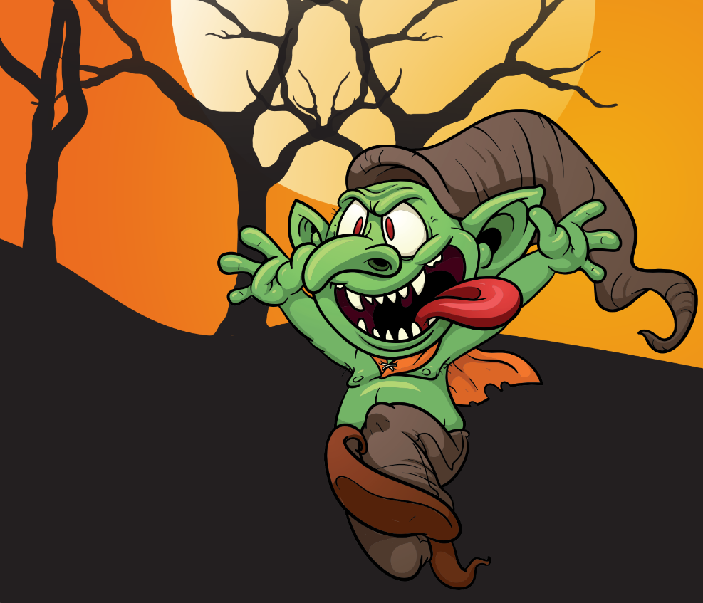 cartoon goblin running. Trees silhouetted on an orange sky in background