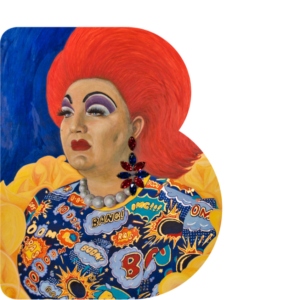 B shaped window through which is a painted portrait of a drag queen wearing red wig yellow boa and exagerated makeup