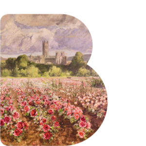 B shaped window through which is a landscape painting with pink and red roses in the foreground and Canterbury Cathedral in the background