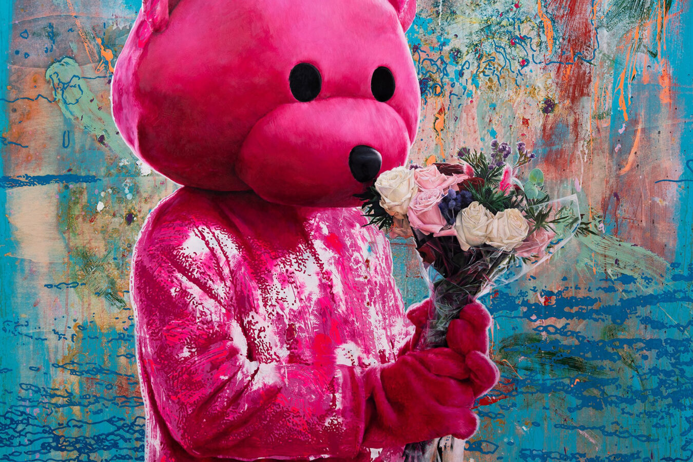 painting of person in a pink bear costume  holding a boquet of flowers in front of a blue painterly background