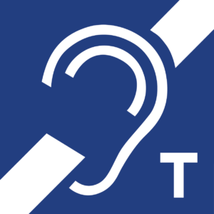 hearing loop logo. It is blue with an ear with a diagonal white line passing through it and a capital T in the bottom right corner.