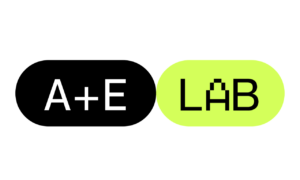 two pil shaped logos. Black shape on left reads A+E. Green shape on right reads LAB