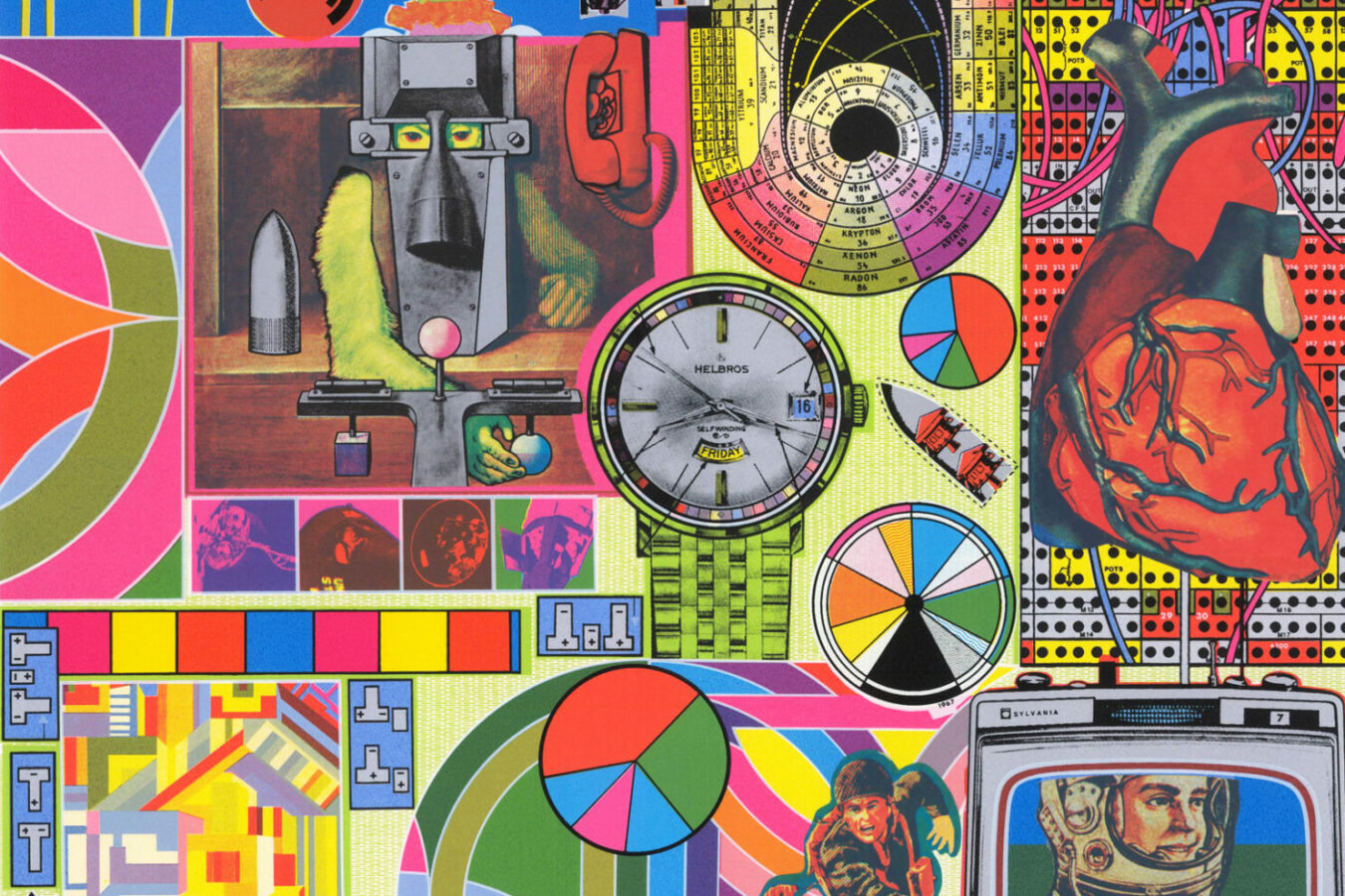a colourful collage of imagery including circular graphics, an atronaut on an retro television, a anatomical heart, a robot and a watch